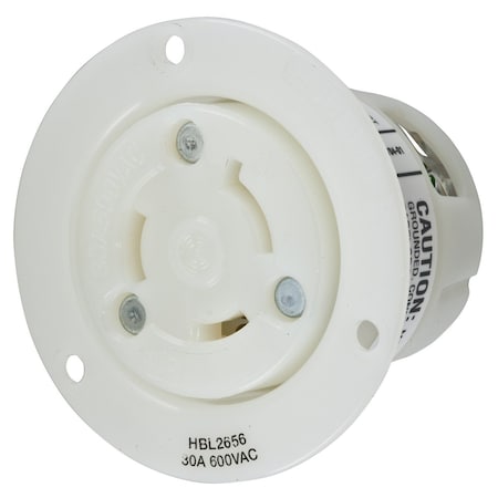 Hubbell Wiring Device-Kellems Flanged Locking Receptacle, L9-30R, 30 A, 600V AC, Single Phase, 2 Pole, Screw Terminals, White HBL2656